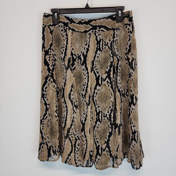 Vintage Snakeskin Print Pleated Midi Skirt Size M 28" Brown Flowy Chiffon Office - Picture 1 of 11
